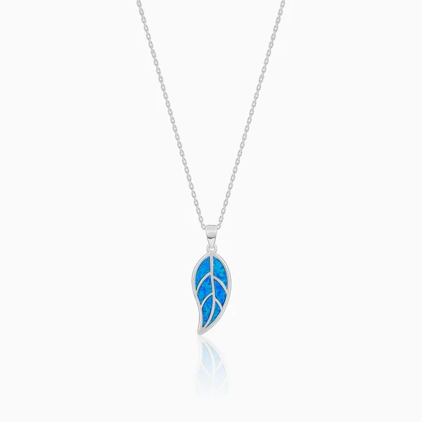 Silver Mystic Blue Leaf Pendant with Link Chain